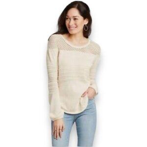 Knox Rose Women’s Scoop Neck Crochet Knit Sweater, Beige, size XL